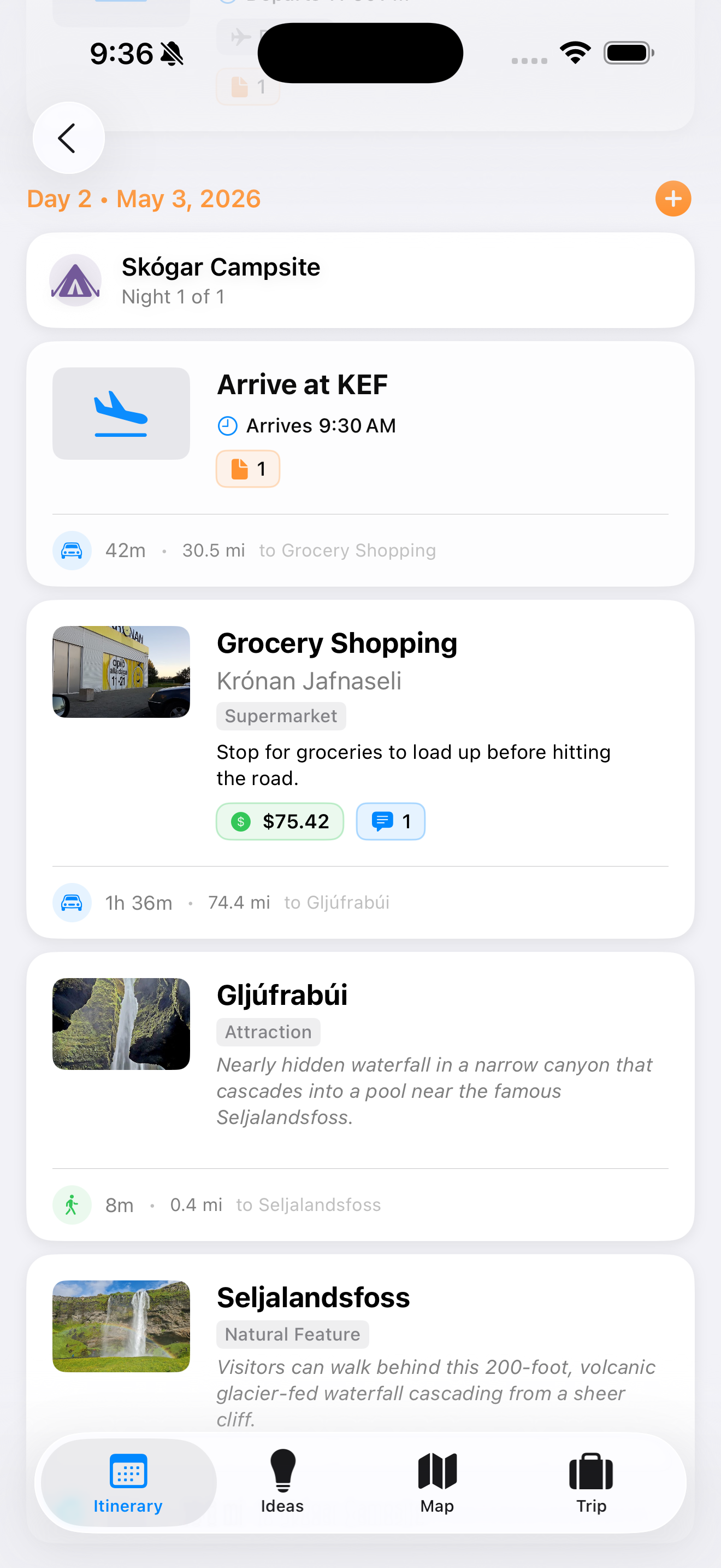 Itinerary view showing daily schedule